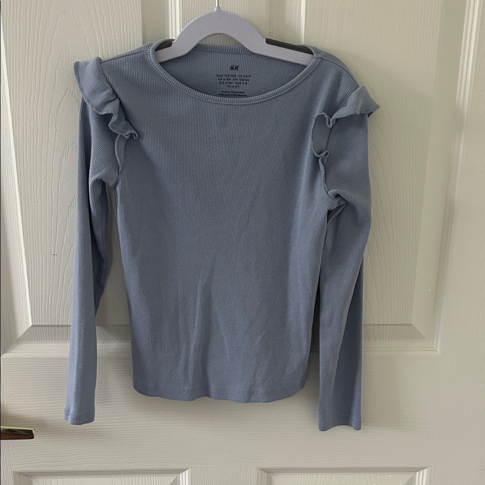 H&M Girls Blue Flounce-Trimmed Ribbed Top - Size 6X/7 - Picture 3 of 4
